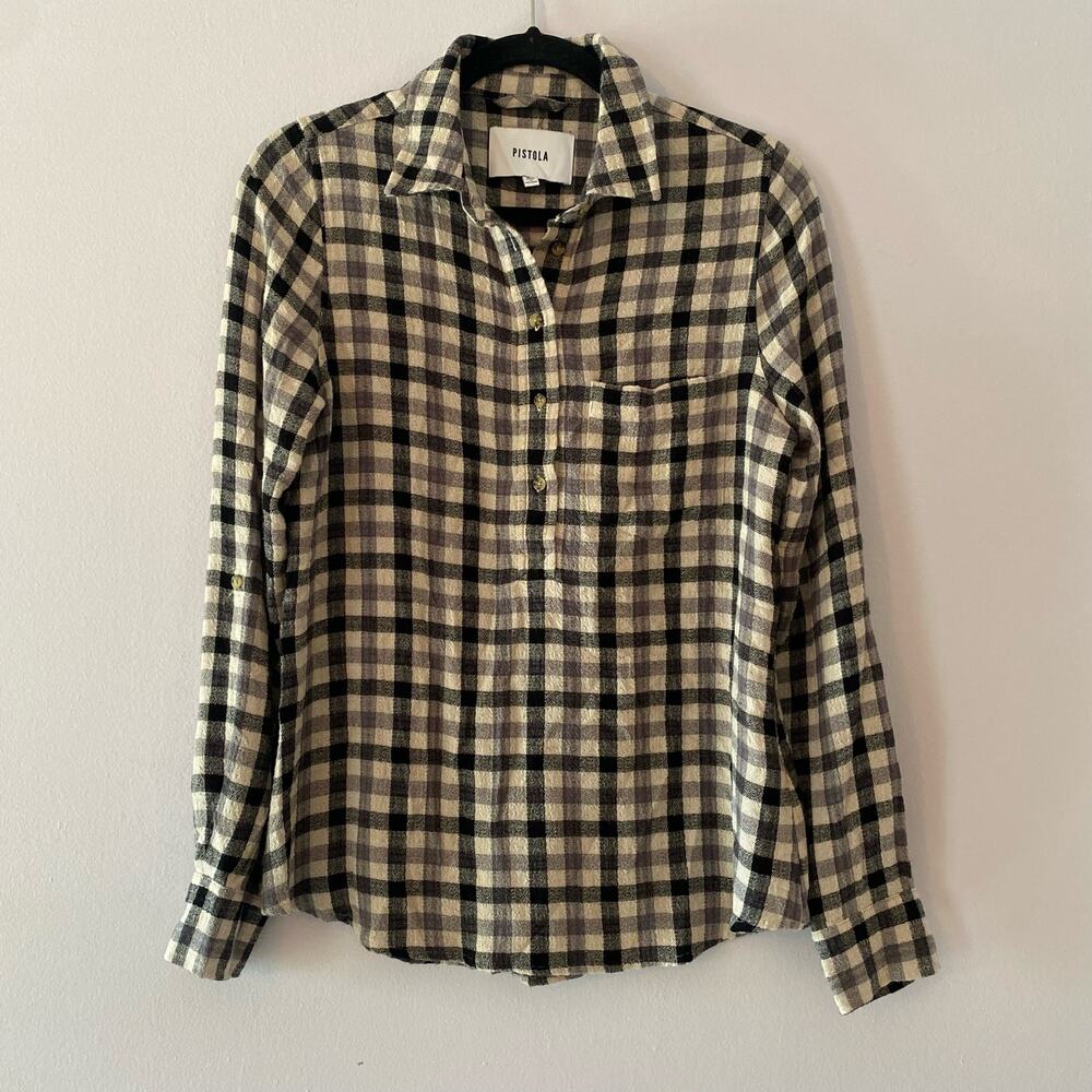 Pistola Black Cream Plaid Button Up Flannel Shirt Office Work Women's size XS